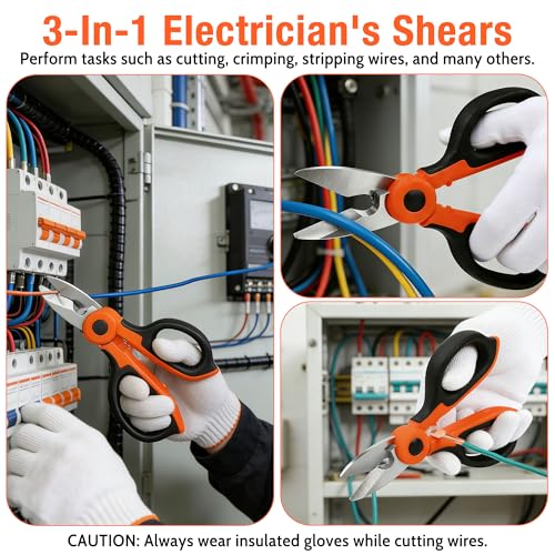 Lichamp 6.4" Orange Stainless Electrician Scissors to Cut, Strip & Crimp | Multi-Function Shears, Wire Stripper, Cutter & Crimper, Orange Handle, ABS Holster, Sharp Blades, for Electrical Work & DIY