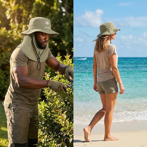 Bucket Hat for Men Women,Waterproof Sun Hat UV Protection with Detachable Face Neck Flap for Outdoors - color: Green+khaki