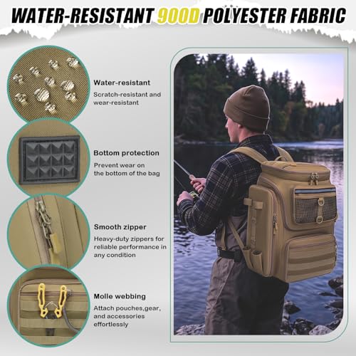 HAMBOLY Fishing Backpack 45L with Rod Holders, Water-Resistant Tackle Backpack for Fishermen, Large Capacity Fishing Gear Bag for Travel Hiking Camping - color: Brown