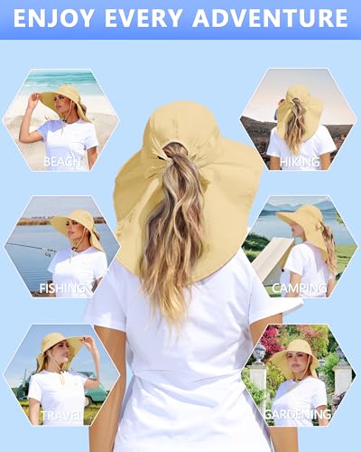 Womens Sun Hat Outdoor UV Protection Wide Brim Fishing Hat with Ponytail Hole Neck Flap for Beach Hiking Camping - color: Khaki