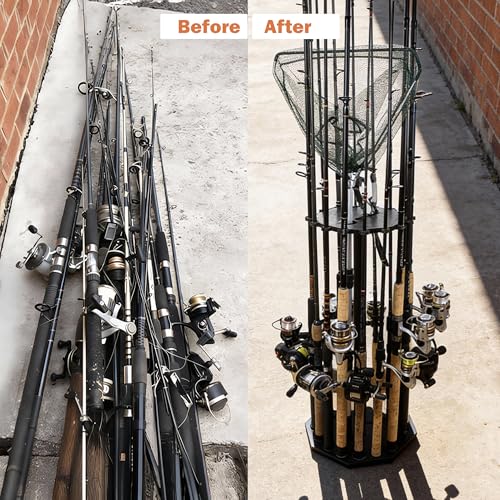 Rush Creek Creations 16-Rod Round Fishing Rod Holder for Garage, 360° Access Fishing Pole Holder for Fishing Rods, Reels, Gear, and Accessories, Securely Holds 16 Rods, Gray - color: Gray