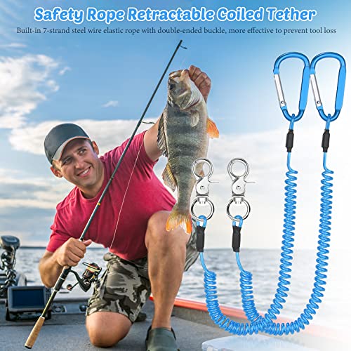 Woanger 6 Pack Fishing Lanyard Steel Wire Coiled Lanyard Tool Lanyards for Hand Tools Kayak Retractable Tool Leash Fishing Rod Safety Lanyards Gear with Alloy Clips for Pliers Boating - color: Blue