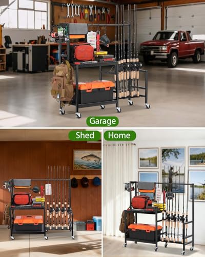 EXTCCT Fishing Rod Holders for Garage, Fishing Pole Rack Holds Up to 16 Rods with Hooks, Heavy Duty Rolling Fishing Cart with Wheels, Fishing Equipment Storage for Man's Gift (Black) - color: Black