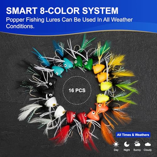 16 Pcs Topwater Fishing Lures Fly Fishing Poppers, 8 Color Popper Lures for Bass Bluegill Crappie Trout Salmon Panfish Perch, Topwater Lures Kit