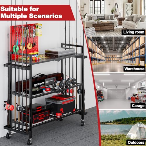 Fishing Rod Holders for Garage, Fishing Rod Stand with Wheels and Pegboard, 3-Tier Pole Storage Rack with 8 Hooks and 12 Rod Slots, Ideal for Tackle, Backpacks, and Gear Red - color: Red