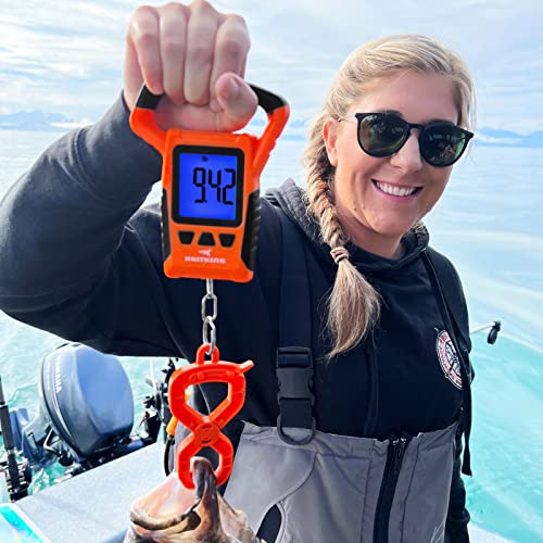 KastKing Fish Scale, WideView Floating Waterproof Digital Scale, 2.5” Large LCD Display, 110lb Capacity, Multi-Mode Pound/Ounces & Kilograms, Stores up to 9 Weights, Fishing Gifts for Men - color: B: Orange combo