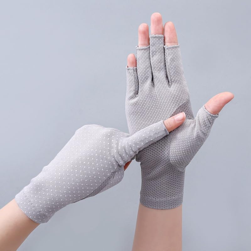 Eohak Women Driving Gloves Sun UV Protection Summer Outdoor Hiking UPF 50+ Glove Touchscreen Half-Finger Glove - color: Grey