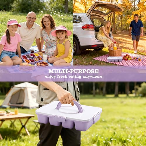 Snackle Box Container, Divided Serving Tray with Lid and Handle, 9 Compartments Snack Box Container for Adults, Portable Charcuterie Serving Platter for Candy Fruit, 9.9 Cups, Lavender - color: Lavender