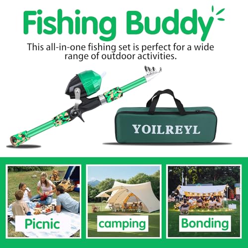 Collapsible Telescopic Fishing Rod and Reel Combo Push Button Small Fishing Pole Kit Beginner Youth Boys Fishing Starter Set Tackle - color: Camo Green, size: 4.92FT