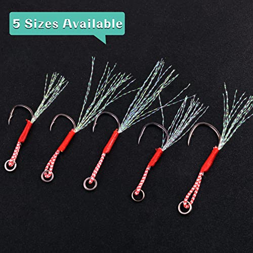 Fishing Assist Hooks Kit, 60pcs Stinger Jigging Assist Hooks Slow Pitch Jig Fishing Hooks Saltwater with Mylar Flash Teasers PE Line for Vertical Jigging Lures
