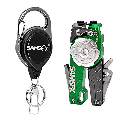 SAMSFX Fishing Tungsten Line Cutter with Zinger Retractors, Fishing Pliers Cutters, Knot Tying Tool, Hook Eye Cleaner, Hook Sharpener - color: Gray&Green Line Cutter with Retractor