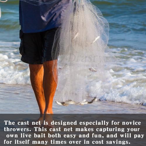 Drasry Saltwater American Fishing Cast Net 3/8inch Mesh Size for Bait Shrimp Trap Fish Heavy Duty Sinkers Throw Net 3FT/4FT/5FT/6FT/7FT/8FT/9FT/10FT Radius - color: White B, size: 10FT Radius, style: Mono -Zinc-iron-3/8" Mesh 0.66lb/Ft
