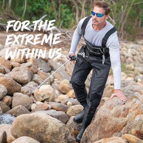 Extremus MarshPro Fishing Waders for Men, 100% Waterproof PVC Chest Waders with Slip-Resistant Boots - color: Black