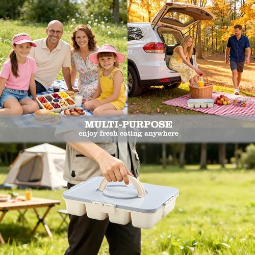 Snackle Box Container, Divided Serving Tray with Lid and Handle, 9 Compartments Snack Box Container for Adults, Portable Charcuterie Serving Platter for Candy Fruit, 9.9 Cups, White Grey - color: White Grey