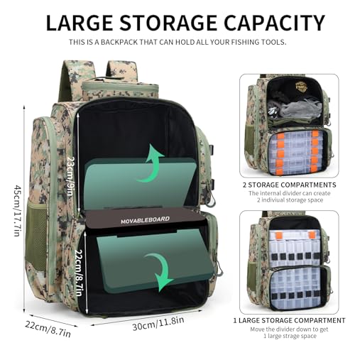 WANOON Fishing Backpack, Ttackle Bag,with Tackle Boxes. Large Fishing Bag Strong Materials - color: Camouflage Black, size: 42L-With Tackle Boxes
