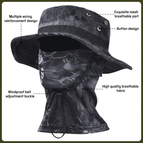 Camo Boonie Sun Hat with Balaclava Face Mask UV Protection Fishing Hat Bucket Hat for Hunting Hiking Military Tactical Safari - color: Camo Black