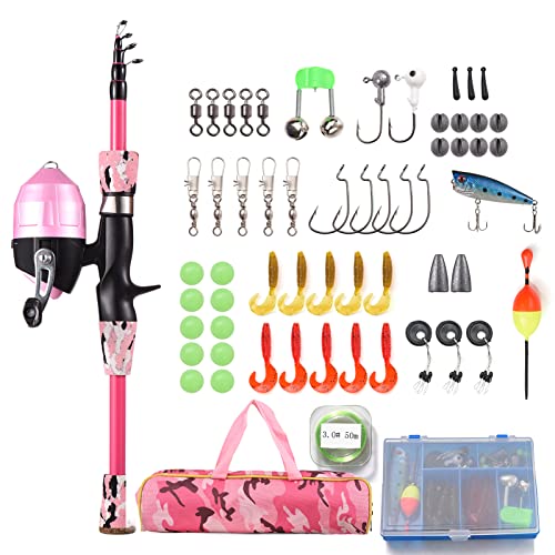 Kids Fishing Rod and Reel Combo Full Kit 1.2m/1.5m Telescopic Casting Rod Pole with Spincast Reel and Hooks Lures Swivels Carry Bag - color: Pink, size: 1.2 m