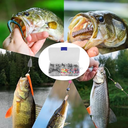 Carolina and Texas Rig Kit for Bass Fishing Worm Weights Bullet Sinkers Hooks Beads Rolling Swivels Fishing Accessories Tackle Box Kit 163pcs