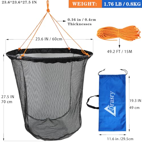Drasry Foldable Bridge and Pier Fishing Landing Net - High Load-Bearing Aluminum Ring Drop Net for Saltwater Freshwater - Collapsible Basket With 49.2 FT Rope - color: black, size: 23.6*23.6*27.5 IN / 60*60*70cm, style: Small Size Mesh