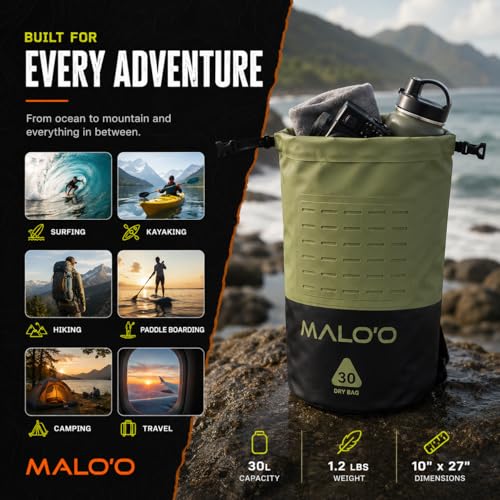 Malo’o DryPack 30L Waterproof Kayak Dry Bag, Heavy Duty Roll-Top Dry Bag with MOLLE Grid and Carry Straps for Fishing, Paddle Boarding, Boating, Camping, and Travel, Yellow - color: Yellow, style: 30l Dry Bag