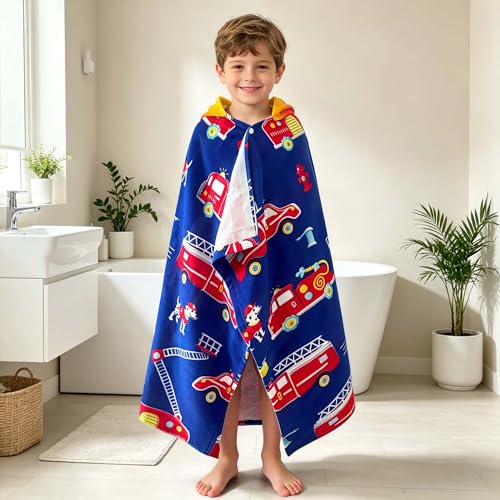 VOOVA & MOVAS Kids Bath Towels Age 3-8, 30''X50, Soft | Thick | 100% Cotton, Beach | Pool | Bath | Swim Towels | Cover Up for Boys, Blue Fire Truck Theme - color: Blue Fire Truck, size: 50.00''x30.00''(3-8 Years)