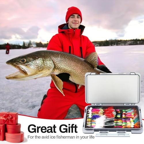 Ice Fishing Jigs Kit 100pcs Lures Bait Icefishing Set Crappie Jig Hooks Gear Accessories for Walleye Panfish with Tackle Box Gifts for Men - color: 50pcs Fly Ice Jig with Lure Box