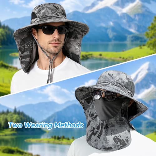 ALANDUO Wide Brim XXL Sun Hats for Men Big Head, UPF 50+ Fishing Sun Hat with Neck Face Flap, Safari Boonie Hat for Men Women - color: Ink Dark Grey