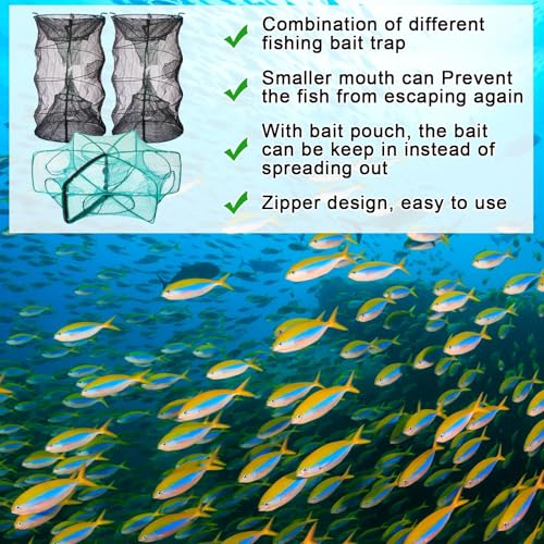 Woanger 3 Pcs Minnow Trap, Include 2 Fishing Bait Trap 1 Cylindrical Hexagon Crab Crawfish Trap, Lobster Shrimp Collapsible Cast Nets Portable Folded Fishing Accessories,12x21.65 Inches