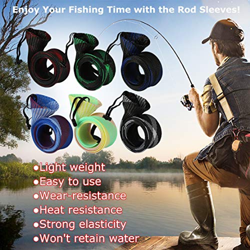 Rod Cover Sleeve,6 Pack Fishing Rod Socks for Fly Spinning Casting Sea Rod, Braided Mesh Fishing Pole Gloves Protector Gear w/ 6 Pack Rod Ties Straps,Fishing Accessories Tools,1 Dozen Kit by STSTECH
