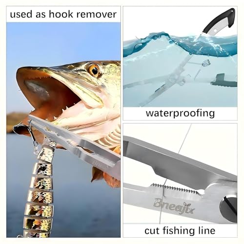 Professional 8.4“ Fishing Plier with Safety Lock and Anti Loss Rope | Multi-function long nose hook remover, line cutter, crimper; rustproof stainless steel for saltwater & freshwater fishing