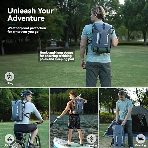 MARCHWAY Roll Top Waterproof Backpack, Floating Dry Bag 20L/30L/45L with Ergonomic Rectangular Base, Cushioned Back, Hip Strap for Hiking Camping Kayaking Travel (Grey, 20L) - color: Grey, size: 20L