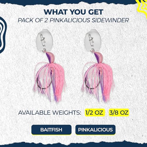 Sidewinder Bladed Jigs for Bass Fishing 1/2 Oz and 3/8 Oz | 2 and 5 - Pack | Fishing lures with 5/0 bladed jig head, vibrating shaker blade, low-column action, lifelike baitfish profile & skirt colors - size: 3/8 oz Pinkalicious ( Pack of 2 )