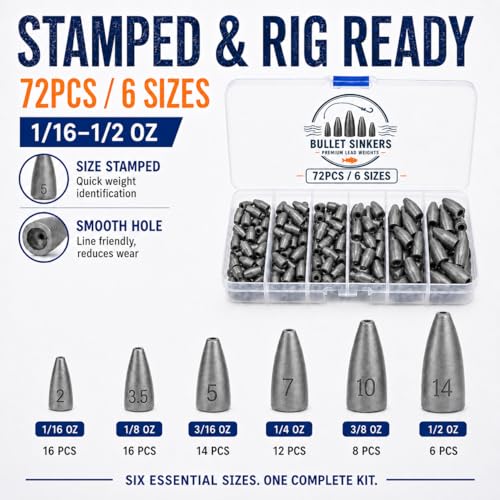 Bullet Fishing Weights Kit, 50/72pcs Size Stamped Lead Worm Weights, 5/6 Sizes Bullet Sinkers for Bass Fishing, Texas Rig, Carolina Rig & Soft Plastic Baits