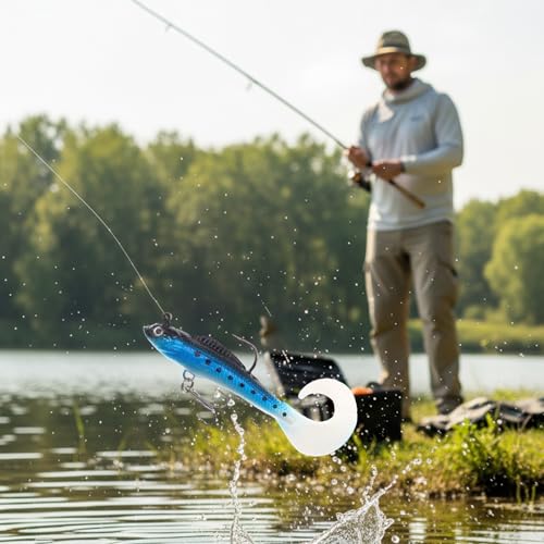 15PCS Lifelike Paddle Tail Swimbaits with Jig Heads, Pre-Rigged Soft Plastic Bass Fishing Lures Set, 6 Styles Trolling Baits for Freshwater & Saltwater, Includes Tackle Box