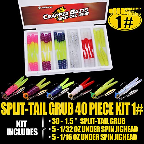 Crappie Jigs and Lures Kit -135 & 40 Piece Set with Plastics, Jig Heads, Split-Tail Grub Baits - Perfect for Crappie Fishing, Panfish Lures - color: Split-Tail Grub 40 pc. KIT Combo 1