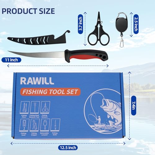 RAWILL Fishing Kit,Filleting Knife,Hook Remover,Fish Grip, Line Cutter,Fishing Scale, Pliers with Lanyards,Not Include Batteries - color: Red 1