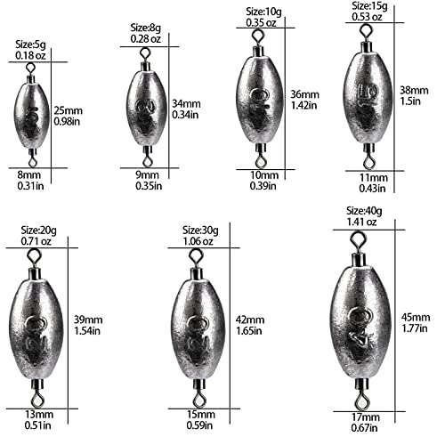 THKFISH Fishing Weights Inline Weights Trolling Sinkers Swivel Weights Quick Set Up Lead Fishing Sinker with Inner Swivel - size: 20pcs-8g(1/4 oz)