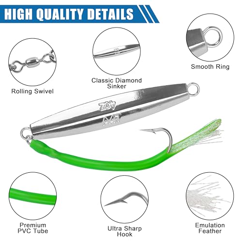 Diamond Jig Saltwater Fishing Lures Casting Jigging Spoon with Tube Tail Stainless Steel Hooks Trolling Lures Striped Bass Metal Jig for Deep Sea Surf Fishing Bottom Dragging Sinking - color: Green, size: 1 oz