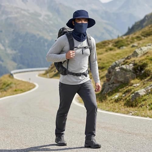 Fishing Hat with Summer Breathable Neck Gaiter, Wide Brim Sun Hat for Men & Women, Outdoor UV Sun Protection Hat & Face Mask - color: Dark Blue