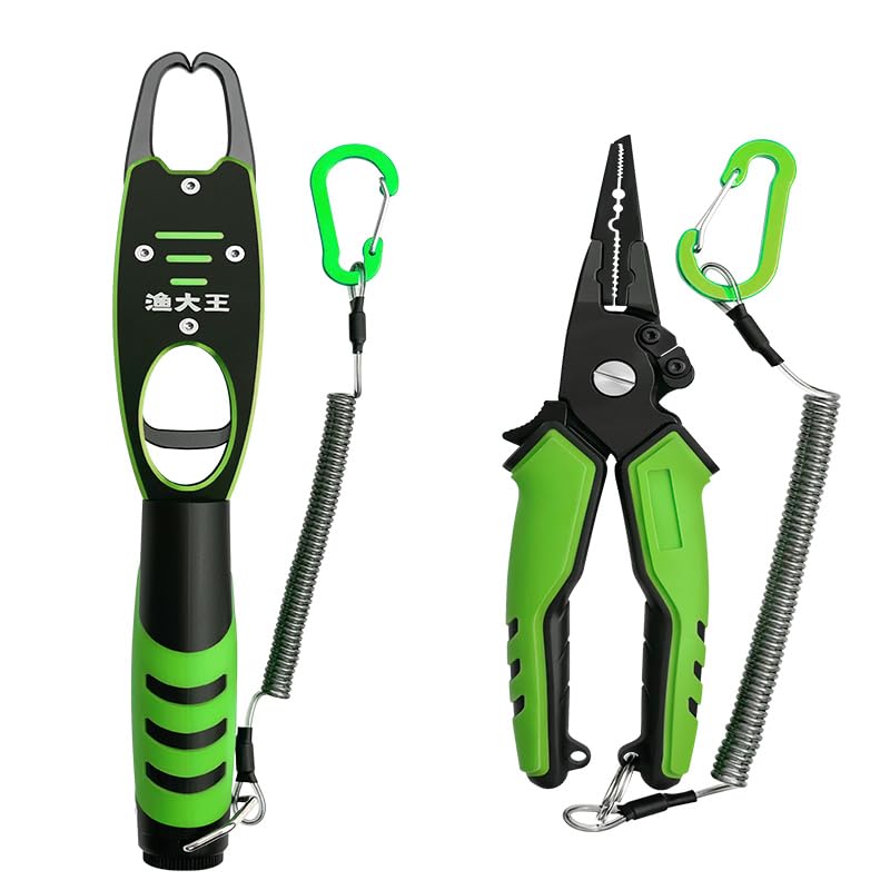 Fish Lip Gripper with Built-in Scale and Fishing Pliers, Stainless Steel Fishing Tool with Lanyard - color: Green