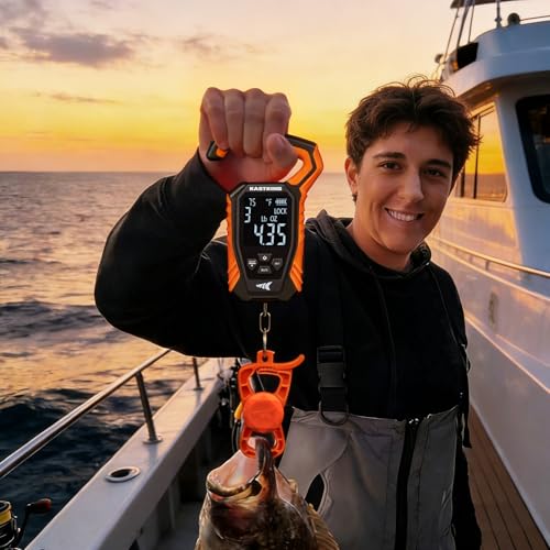 KastKing Weighmaster Mechanical-Digital Fishing Scale, 120 lb Capacity, 2.5" Backlit Display, High-Precision Sensor, 9 Weight Memory, Temperature Detection, IPX6 Waterproof, Fishing Gifts - style: B: Orange