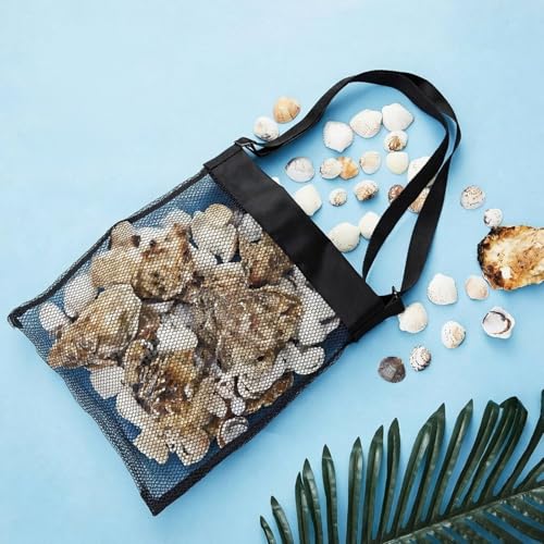 VioraWhite 2 Pcs Extra Large 14 x 16inch Clam Mesh Chum Beach Bags for Seashells Clams Treasures Sand Away Foldable Shell Collection Bags with Adjustable Straps (Black) - color: Black