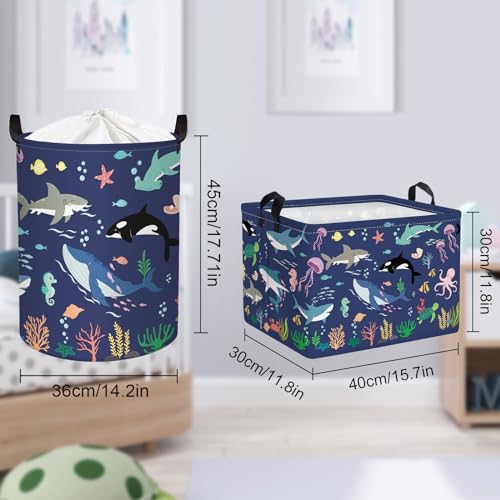 Clastyle Fish Sea Turtle Baby Basket Ocean Coral Seaweed Starfish Toy Book Shelf Basket Waterproof Pool Toy Beach Towel Storage Bin Large Dirty Clothes Laundry Hamper, Whales, 40*30*30 cm