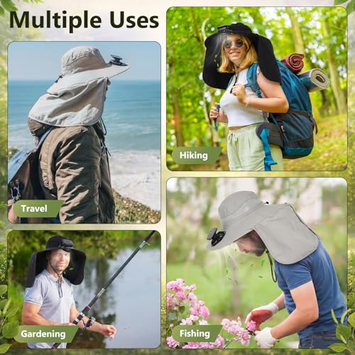 Maiteenly 2 Pcs Solar Fan Hat for Men with Neck Flap Bucket Fan Buit in Hats for Hiking Fishing Outdoor USB and Solar Powered - color: Black, Light Gray