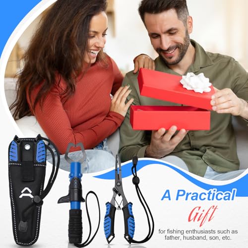RoundFunny Fish Lip Gripper Pliers, Combo Fishing Tool Kit Stainless Steel Multifunction Hook Remover, Split Ring Pliers with Lanyards Sheath for Fly, Easter Fishing Basket Gift Gear Men Women - color: Blue