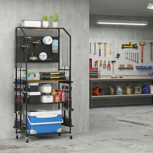 Kikihouse 4-Tier Heavy Duty Fishing Rod Holders for Garage with Pegboard and Hooks, 65.7" Lockable Wheels Fishing Rod Rack Storage Up to 12 Rods, Fishing Pole Stand for Fishing Gear & Equipment