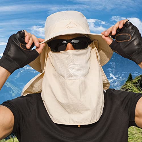 Fishing Hat for Men Sun Protection Hat with Removable Mesh Face Neck Flap Cover Windproof Strap for Men and Women - color: Khaki