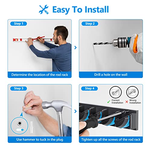 PLUSINNO Vertical Fishing Rod Holder, Wall Mounted Fishing Rod Rack, Fishing Pole Holder Holds Up to 9 Rods or Combos, Fishing Rod Holders for Garage, Fishing Gear and Gifts for Men - style: Blue 1-pack (store 9 combos)
