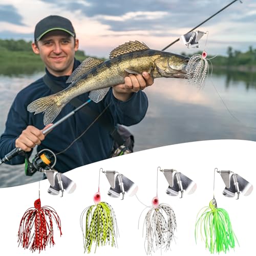 Buzzbaits Double Rotating Spinner Blade Baits Silicone Skirts Top Water Fishing Lures for Bass Trout Pike 0.52oz 4pcs FS/YE-08 - color: B