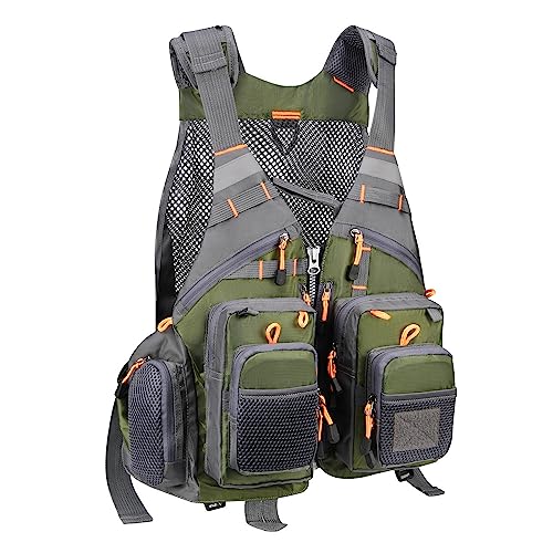 Gonex Fly Fishing Vest for Men Women, Comfortable Adjustable Fishing Vest with Multi-Pockets Reflective Stripes - color: Green+gray